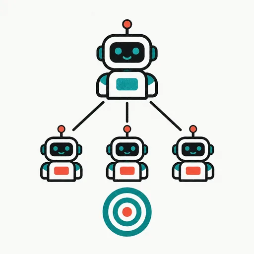 Three small robot figures connected by lines to one larger figure at the top, a target circle beneath them: an orchestrated team.