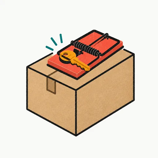 A golden API key caught in a red mousetrap on a cardboard box labeled sandbox: the evaluation environment as bait.