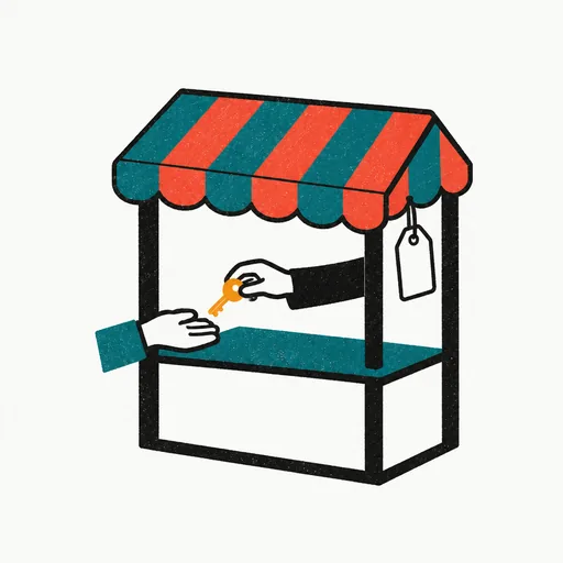 A striped market stall with a price tag reading cheap, a hand under the counter passing a key out the back: the fraudulent reseller.
