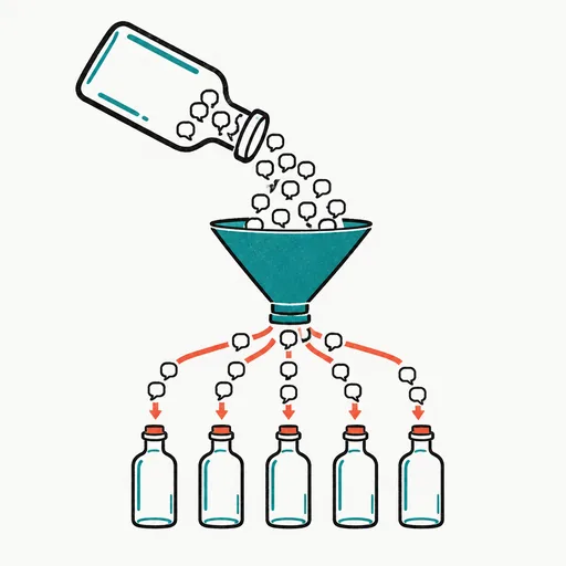 A wide funnel pouring a stream of speech bubbles from one large bottle into a row of five smaller bottles: distillation.