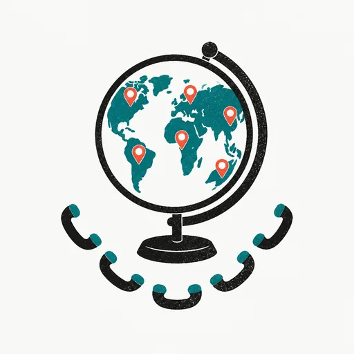 A globe with six pins on six continents and a ring of small phone icons around its base: influence and surveillance at population scale.