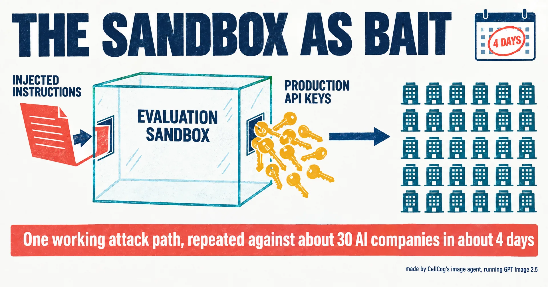 Illustration of a glass sandbox box with a paper note slipped through a slot, a bundle of keys spilling out the other side toward a row of thirty small office buildings and a calendar showing four days