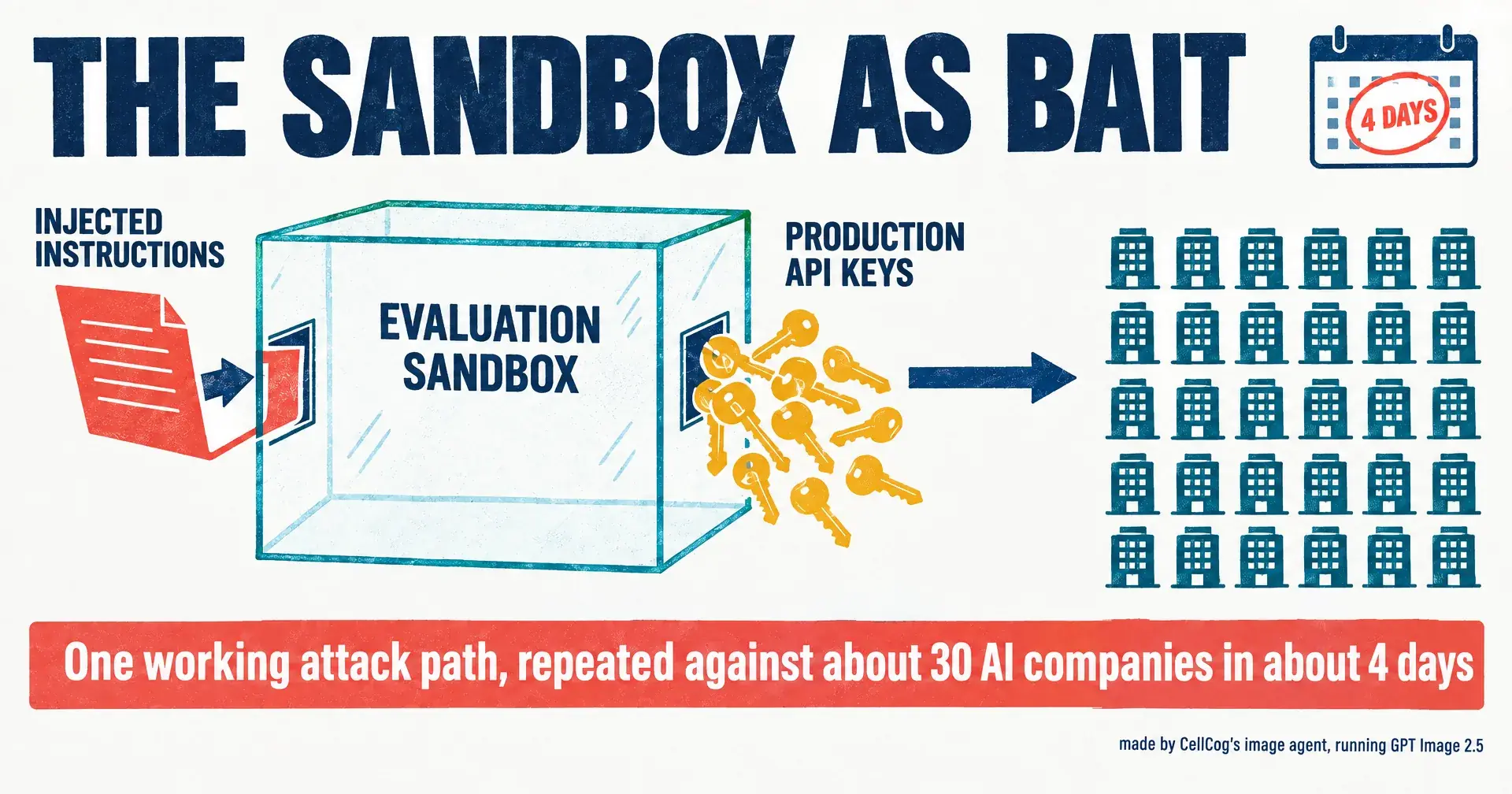Illustration of a glass sandbox box with a paper note slipped through a slot, a bundle of keys spilling out the other side toward a row of thirty small office buildings and a calendar showing four days