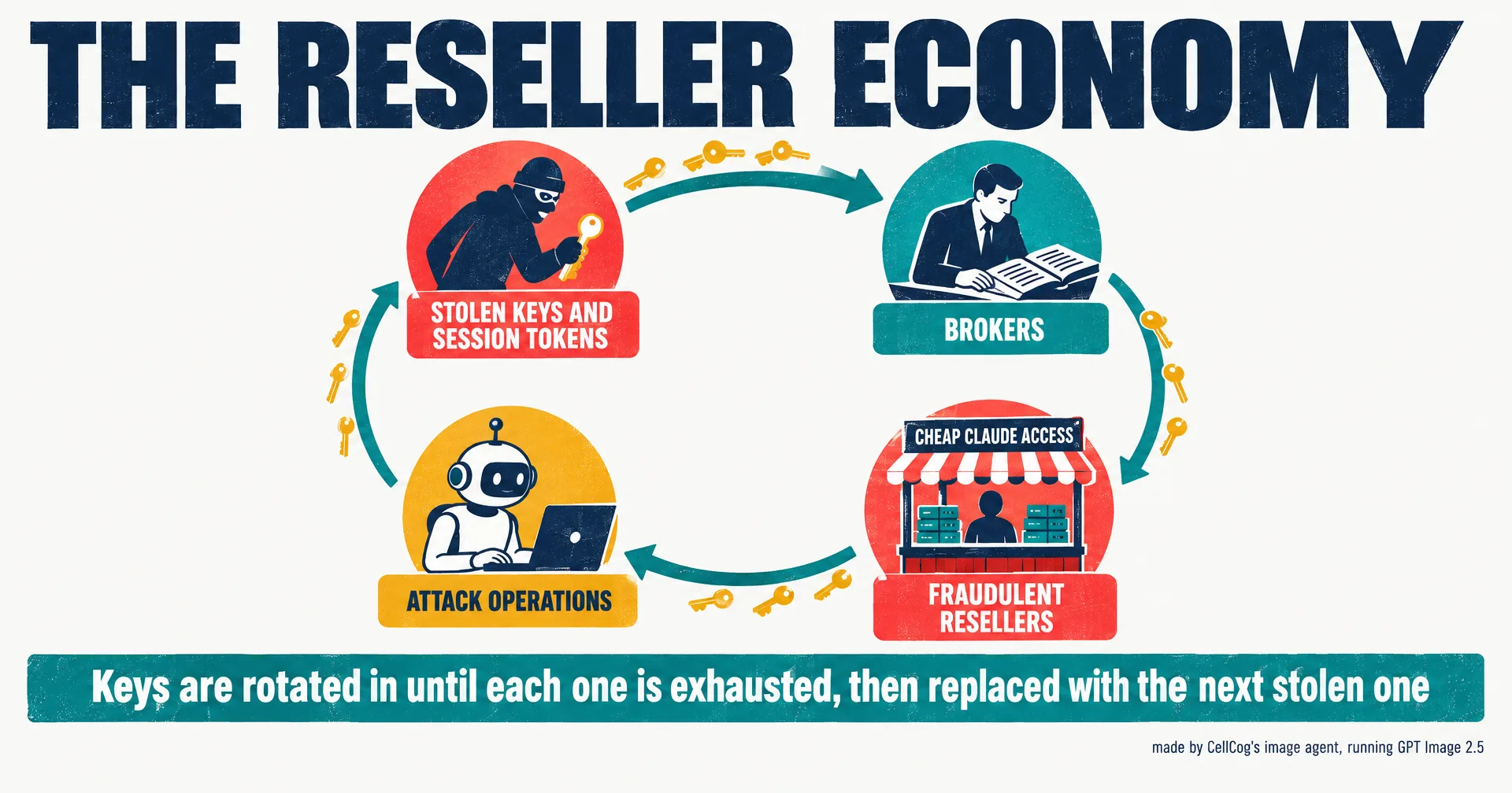 Illustration of a circular flow of golden keys between a thief, a broker with a ledger, a market stall marked cheap access and a robot at a laptop, arrows closing the loop