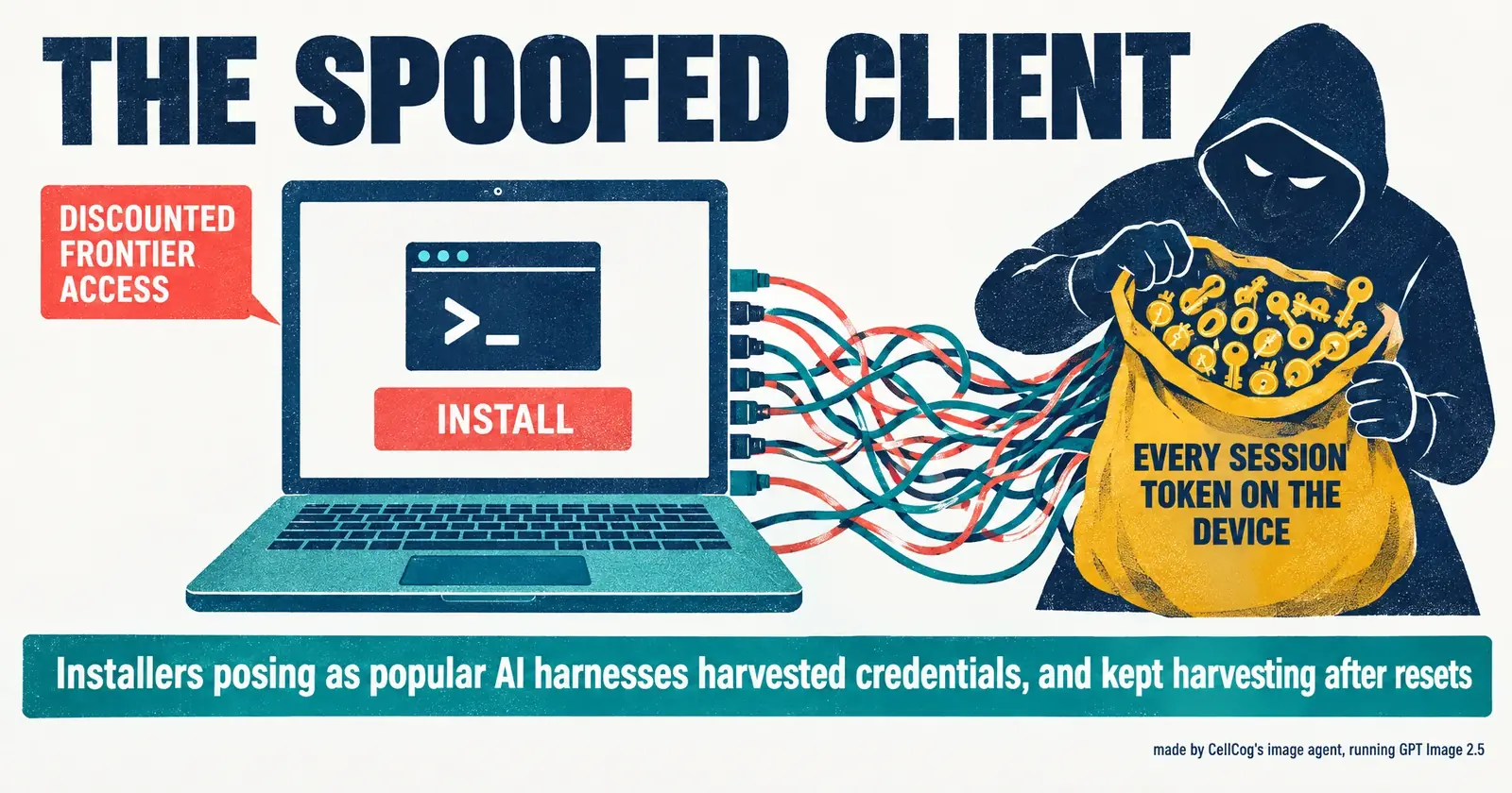 Illustration of a laptop with a download dialog showing a familiar terminal icon, a tangle of cables running from the laptop out of frame to a shadowed figure holding a sack of tokens