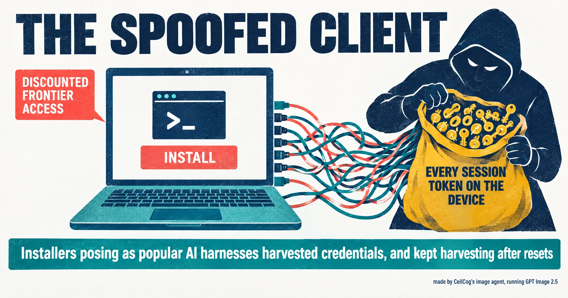 Illustration of a laptop with a download dialog showing a familiar terminal icon, a tangle of cables running from the laptop out of frame to a shadowed figure holding a sack of tokens