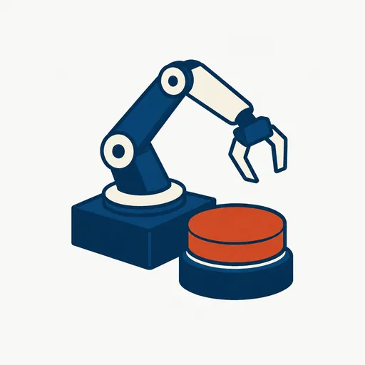 A robot arm next to a large red stop button: an operator who can stop it.
