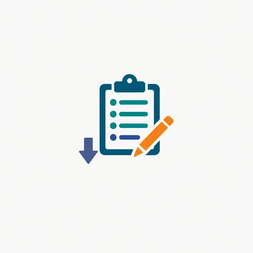A clipboard rubric with a pencil and a downward arrow.