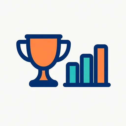 A trophy beside a bar chart with the tallest bar in orange.