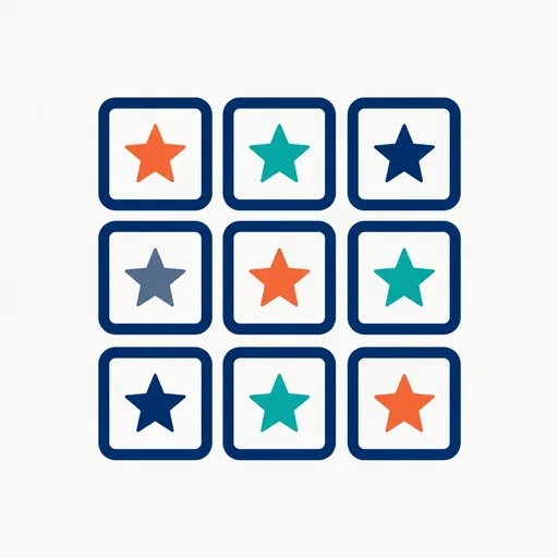 A grid of nine tiles with stars in different colors.