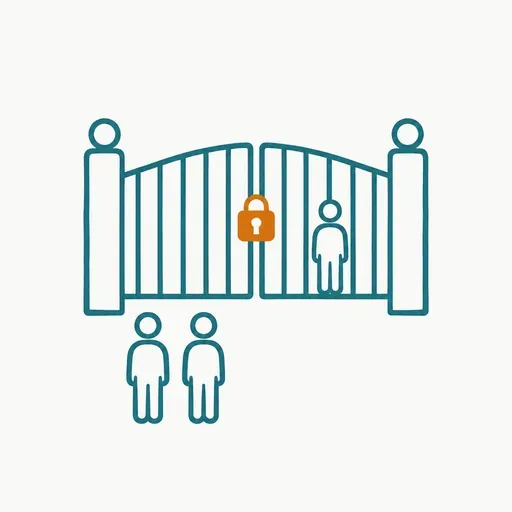 A locked gate with one figure inside and two figures waiting outside.
