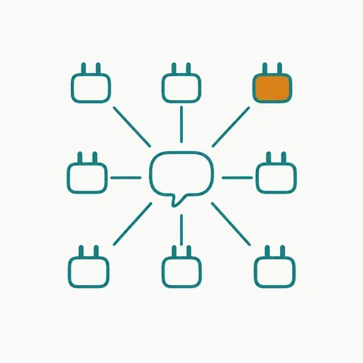 Nine small plug tiles connected to a central chat bubble.