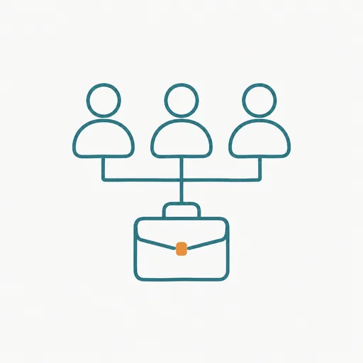 A small org chart of three connected figures above a single briefcase.