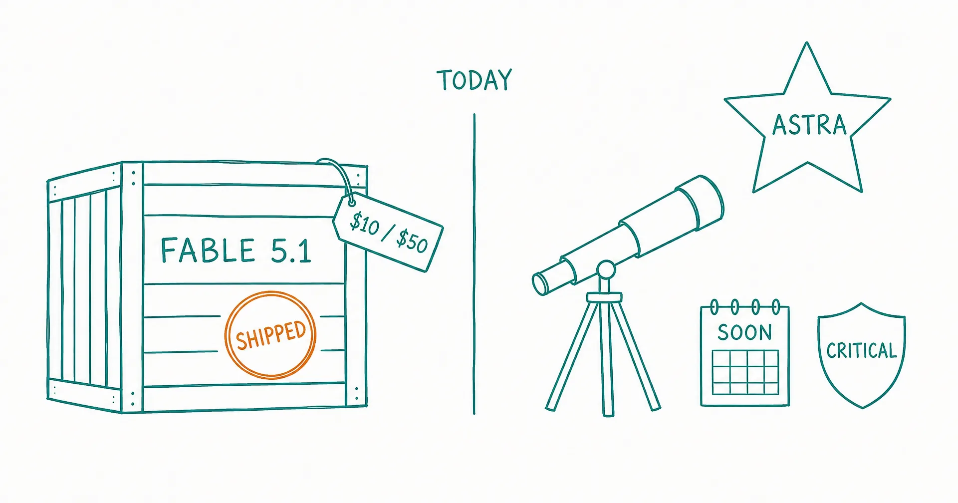 Hand-drawn diagram of a shipping crate labeled FABLE 5.1 with a SHIPPED stamp and a price tag reading $10 / $50, beside a telescope pointed at a star labeled ASTRA with a calendar reading SOON and a shield labeled CRITICAL