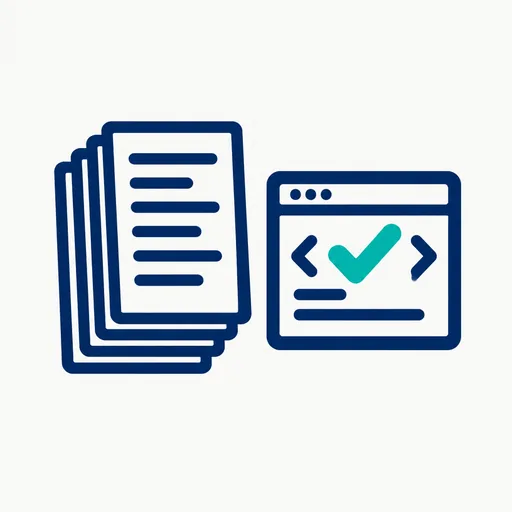 A stack of pages beside a code window with a check mark.