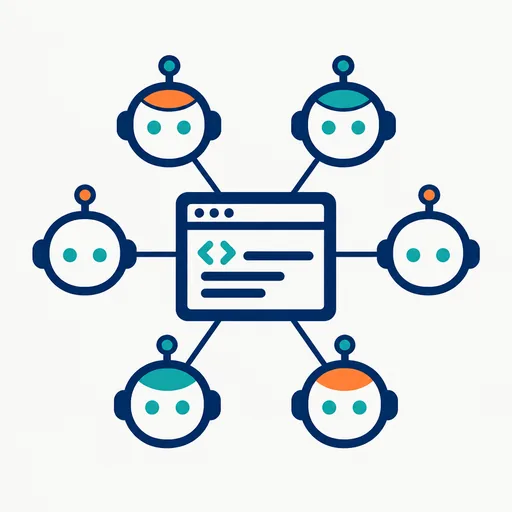 Six small robot heads connected to one code window.