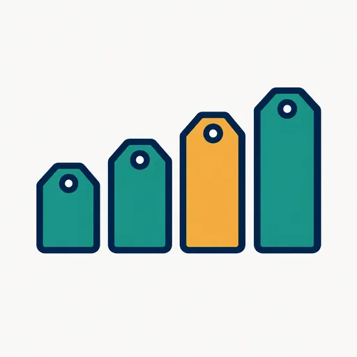 A row of price tags rising in height: plans from cheap to premium.