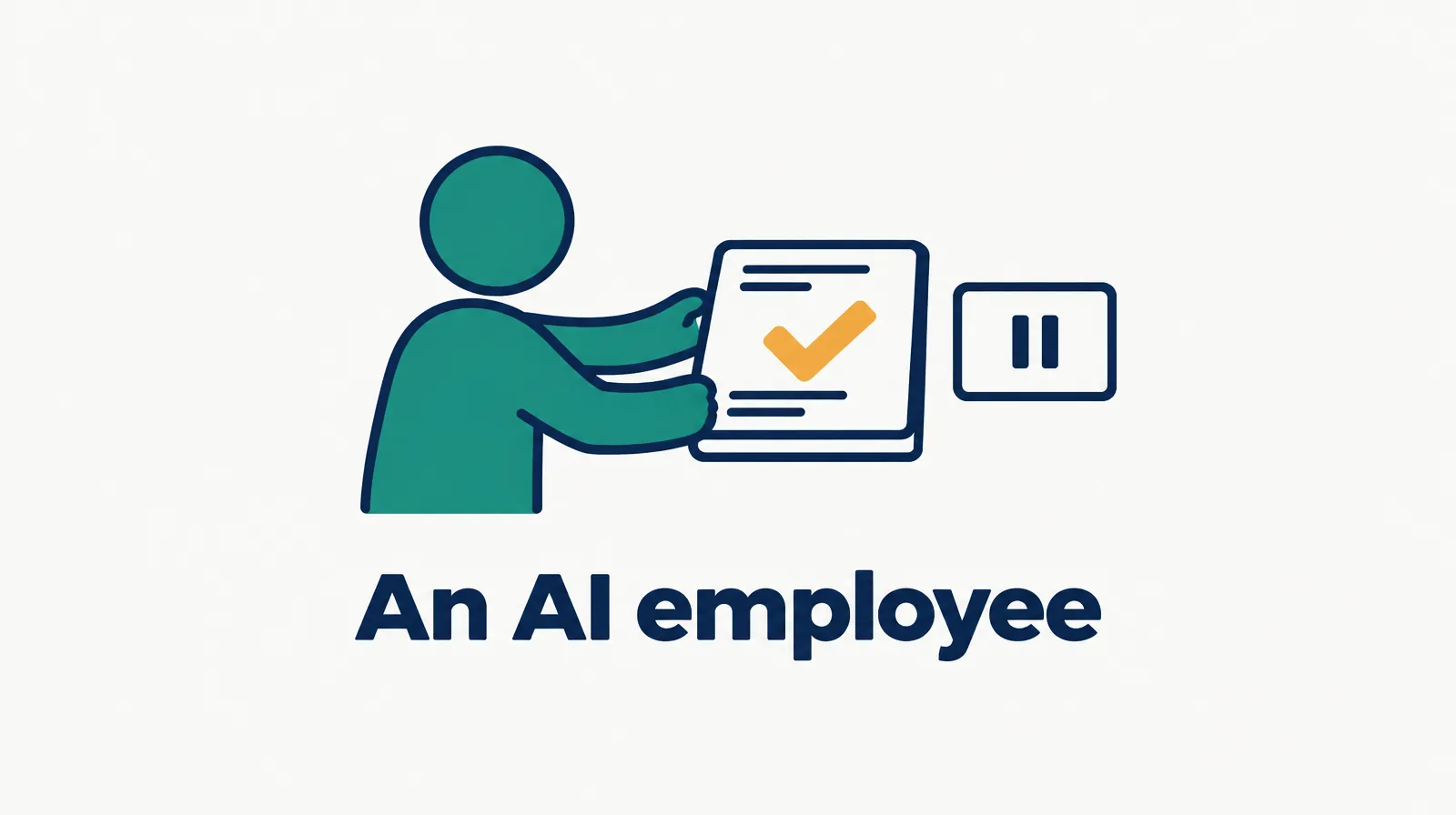 Illustration of a teal figure handing over balanced books with an amber checkmark, labeled an AI employee