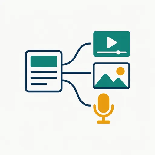 A brief card fanning out into a video, an image and a microphone: the job is the whole set.