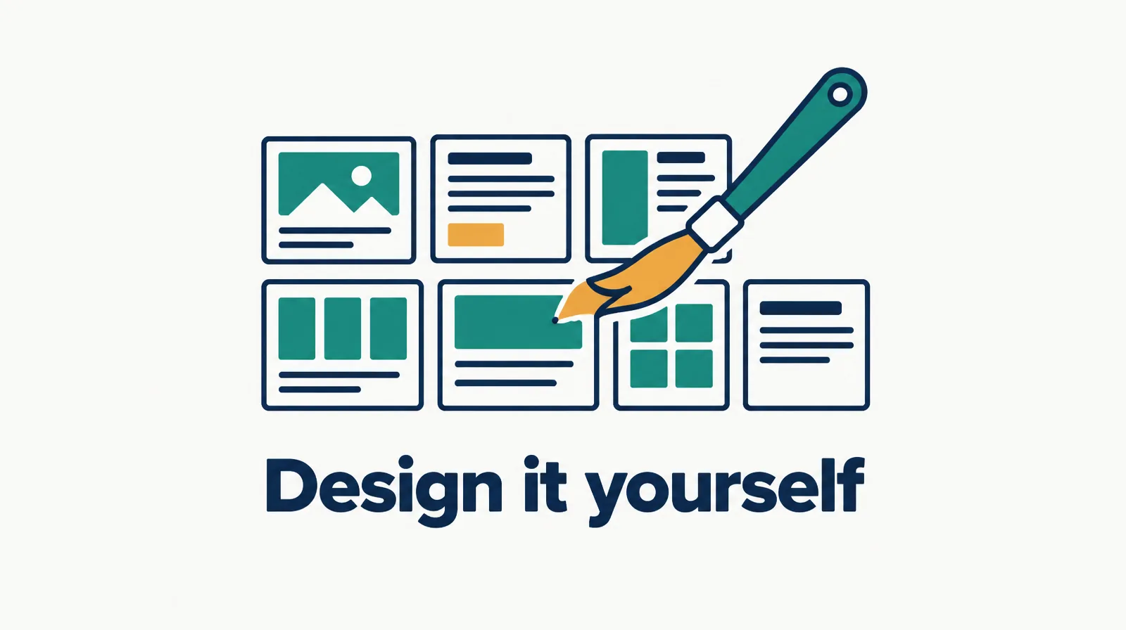 Illustration of a layout grid with a paintbrush and template tiles, labeled design it yourself