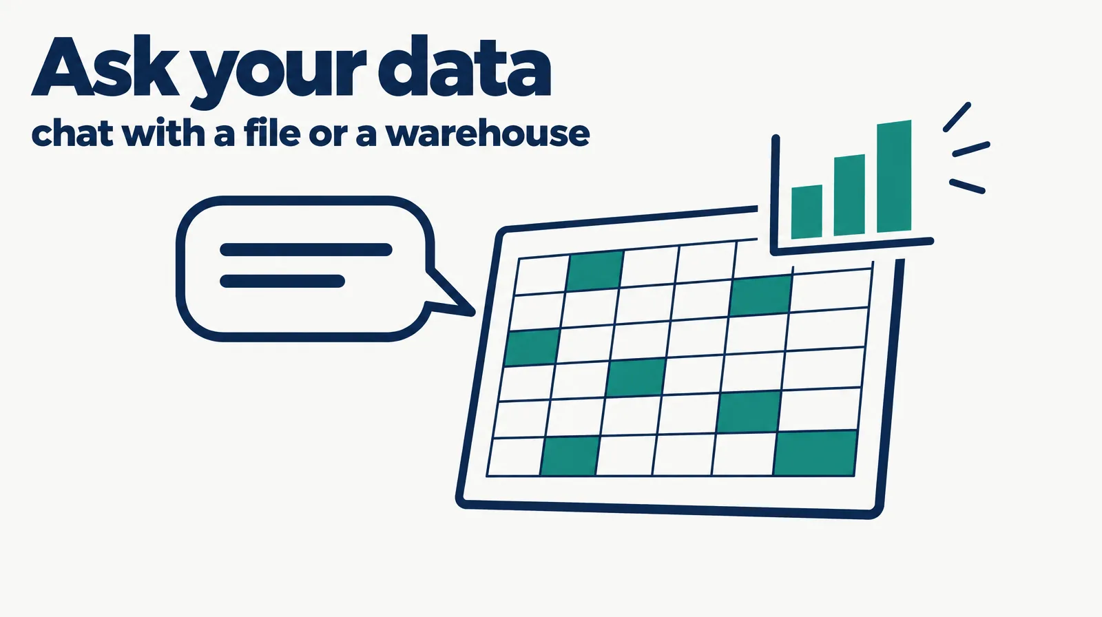 Illustration of a chat bubble pointing at a spreadsheet with a bar chart popping out, labeled ask your data