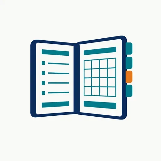 An open day-planner with four index tabs, one amber