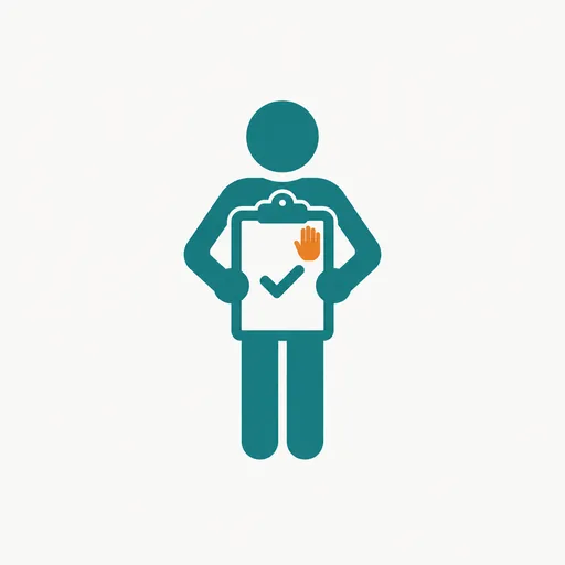 A figure holding a checked clipboard with an amber hand mark: it asks before it sends.