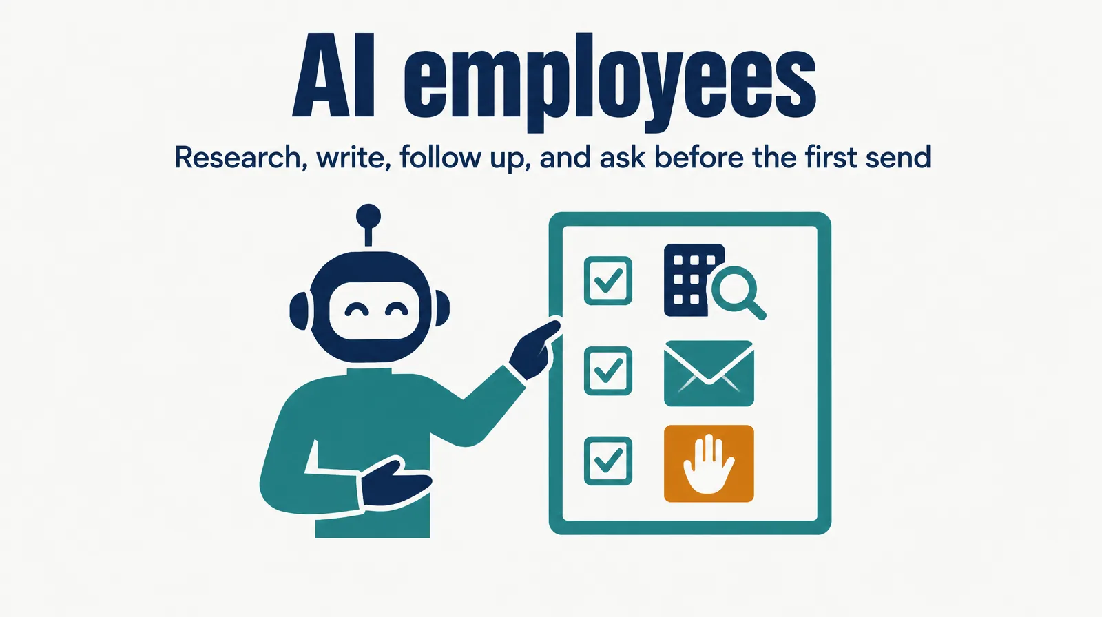 Illustration of a figure beside a checklist of research, one email and an amber approval hand, labeled AI employees