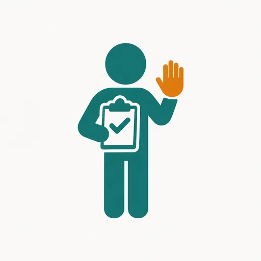 A figure holding a checked clipboard with an amber hand mark: it asks before it posts.