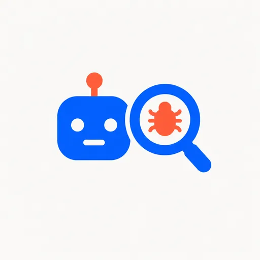 A robot head beside a magnifying glass focused on a bug.