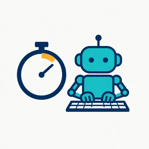 A stopwatch beside a small robot at a keyboard.