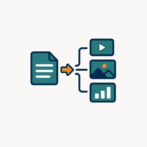 A brief turning into a play button, a picture and a chart: a brief becomes finished files.