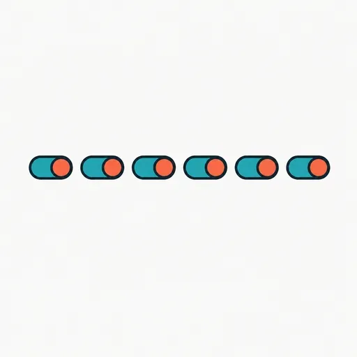 A row of six switches all flipped to the same side.