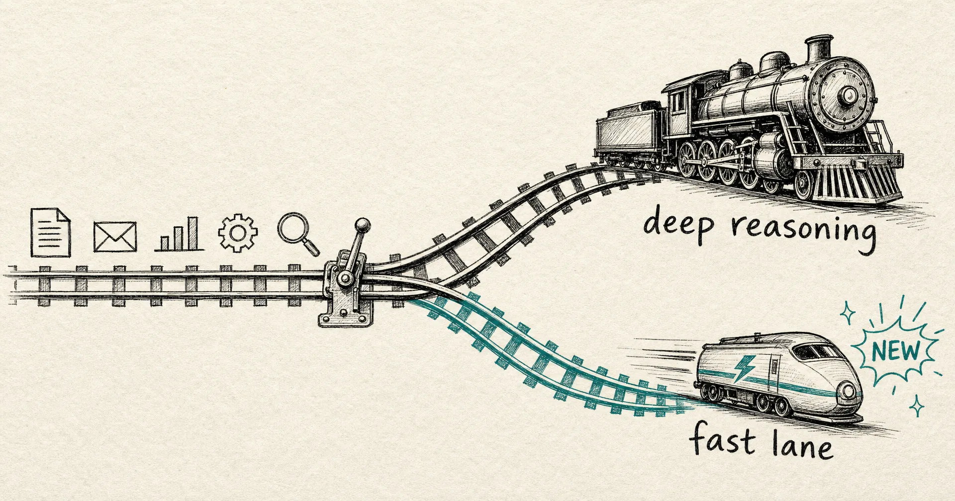 Hand-drawn diagram of a railway-style switch routing incoming jobs onto two tracks: a heavy track leading to a large engine labeled deep reasoning, and a fast track leading to a small quick engine labeled fast lane