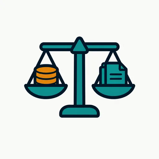 A balance scale with coins and papers: assets against liabilities.