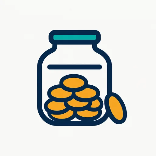 A glass jar filled with coins up to a marked line.