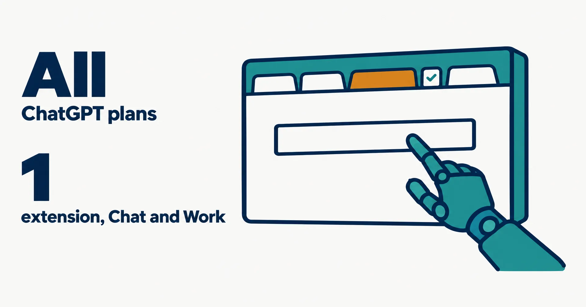 Data illustration on a near-white ground: a browser window with a row of tabs, one amber and one with a check, and a teal robotic hand pressing a form field, beside the words All ChatGPT plans and 1 extension, Chat and Work