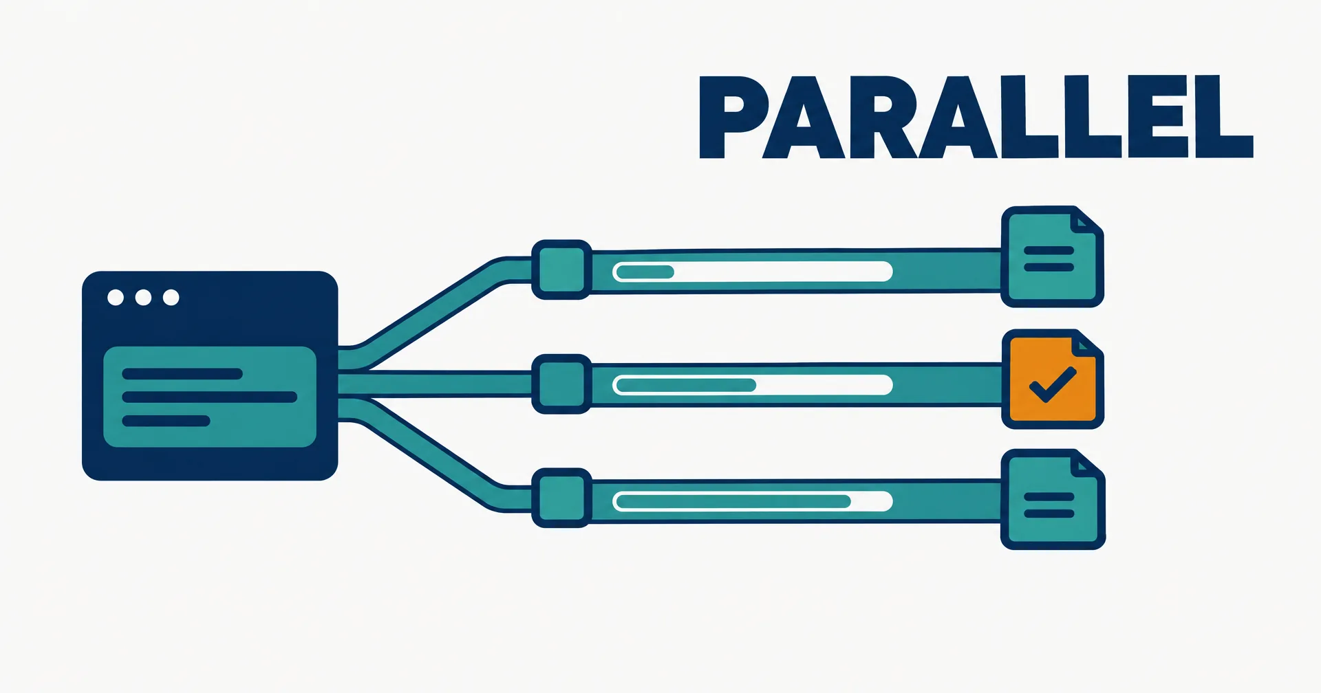 Data illustration on a near-white ground: a navy chat window splits one task into three teal lanes, each with a progress bar, ending in three completed task cards, one amber with a check; the word PARALLEL above