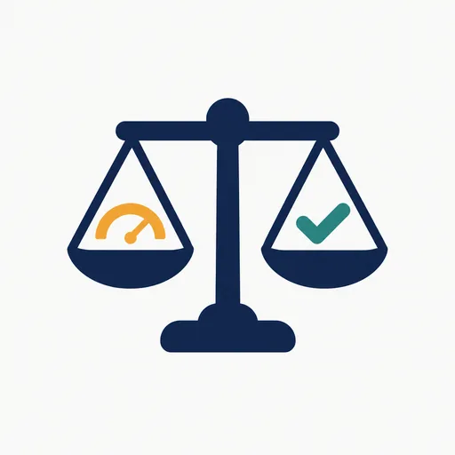 A balance scale holding a gauge and a check mark.