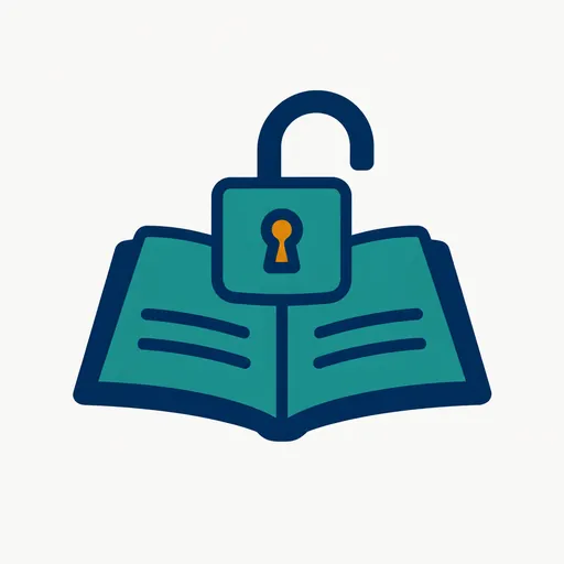 An open book with an open padlock: public work stays out.