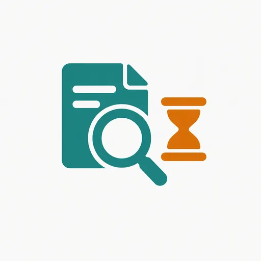 A magnifying glass over a page beside an hourglass: still awaiting review.