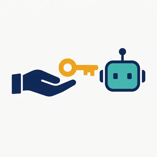 A hand passing a key to a robot head.