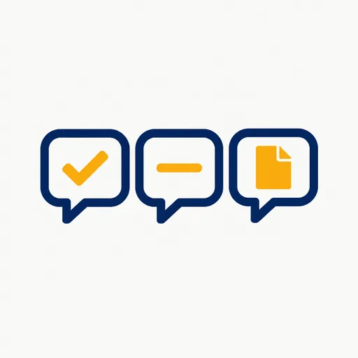 Three speech bubbles: a check, a dash and a document.