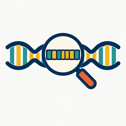 A DNA strand with a magnifying glass over a run of repeats.