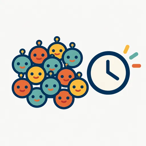 Many small agent faces beside a clock: a large agent campaign.