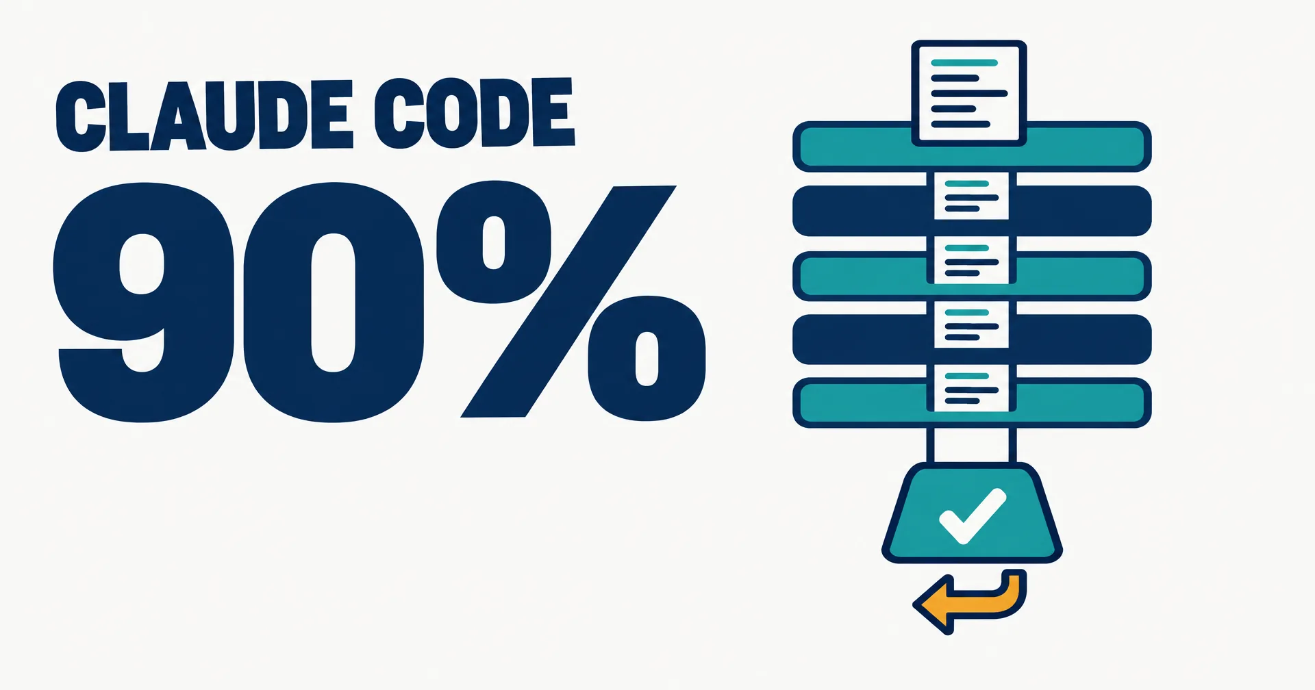 Data illustration on a near-white ground: a huge 90% in navy beside a stack of code review layers, a teal checkmark gate and a small amber rollback arrow beneath