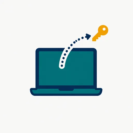 A key and a curved arrow leaving a laptop.