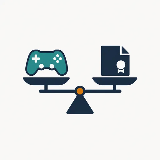 A balance scale with a game controller on one side and a sealed document on the other.