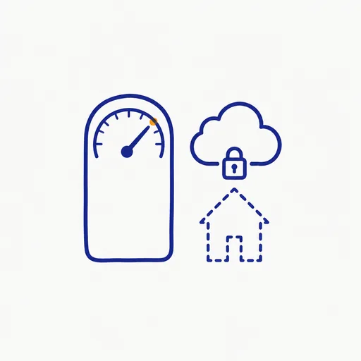 A usage meter climbing toward its limit next to a cloud with a small padlock and a house outline drawn in dashes.