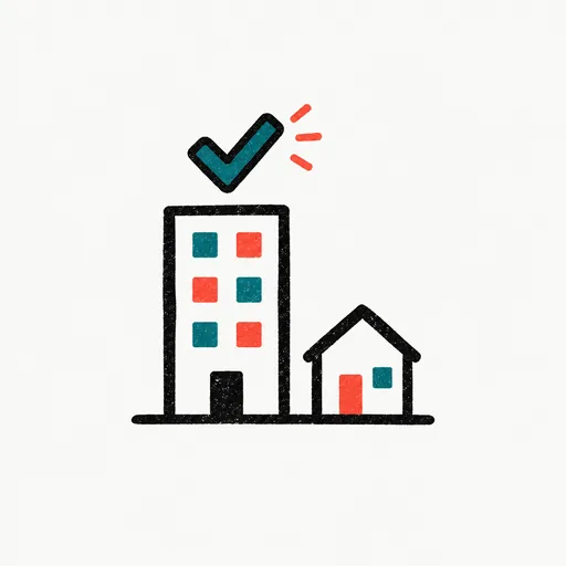 An office building with a check mark beside a small house: business plans are not in this change.